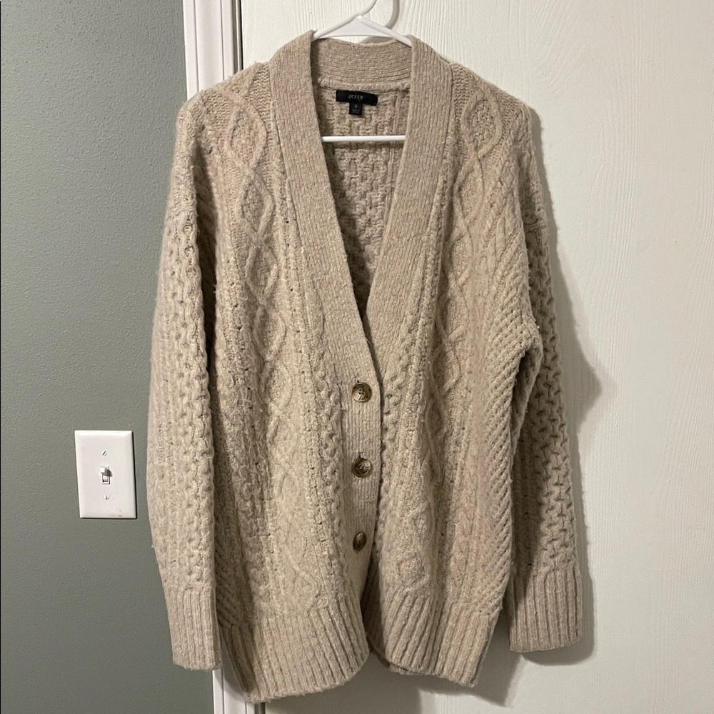 J. Crew Taupe Oversized Merino Wool Blend Cable Knit Cardigan Size Small